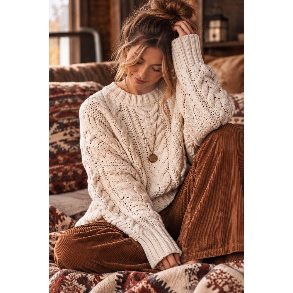 Your Favorite by PACSUN Ivory Cable Knit Crewneck Cotton Oversized Sweater OS